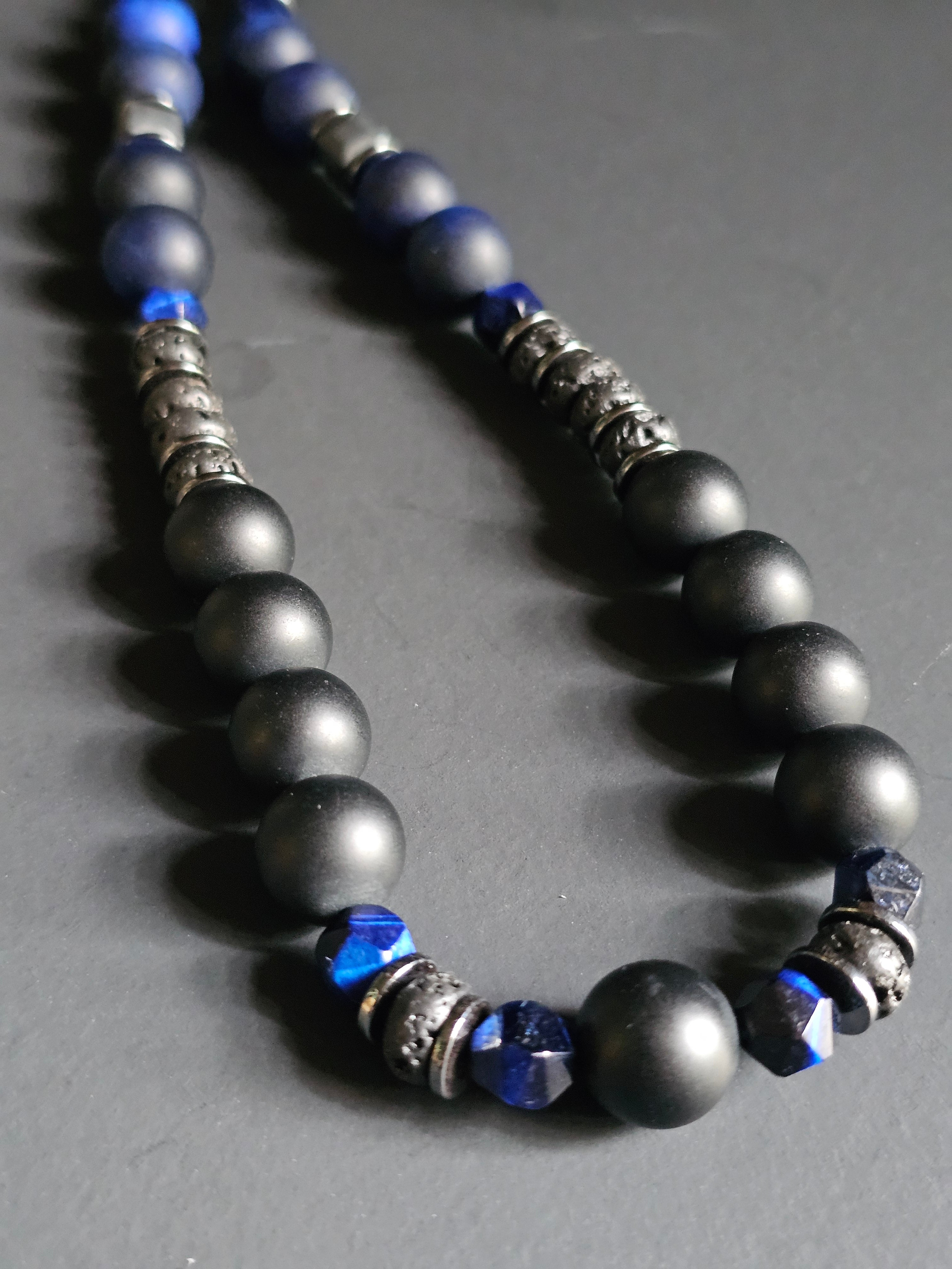 Matte Onyx & Blue Tigers Eye ft. Grey Druzy & Silver Hematite